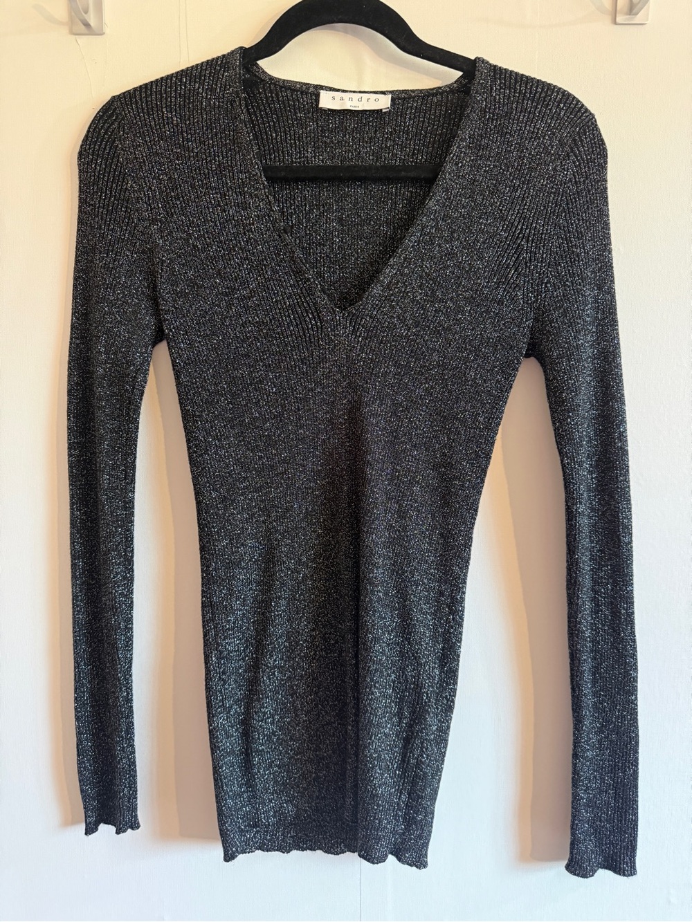 Sandro Paris Black Metallic Ribbed V Neck Sweater Size 3 L USA 8
